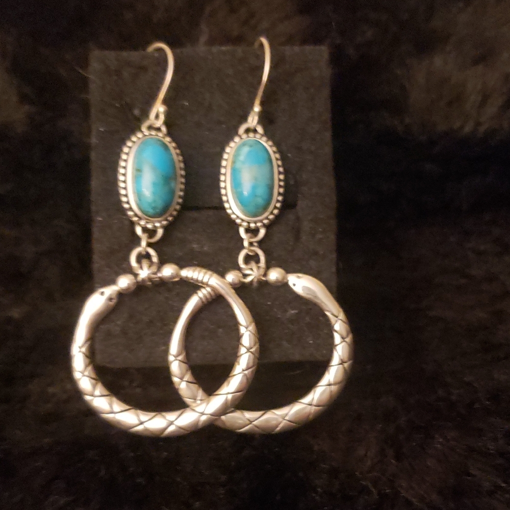 Silver 925 and Turquoise Snake Hoop Earrings. New 2-1/4" drop